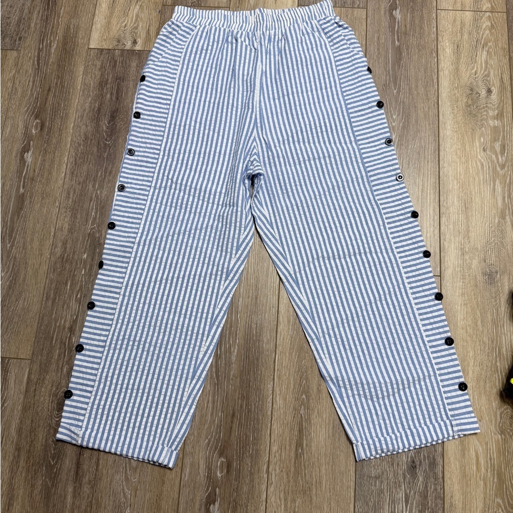 #12)  Striped Blue and White Pants with Button Accents - Picture 4 of 11